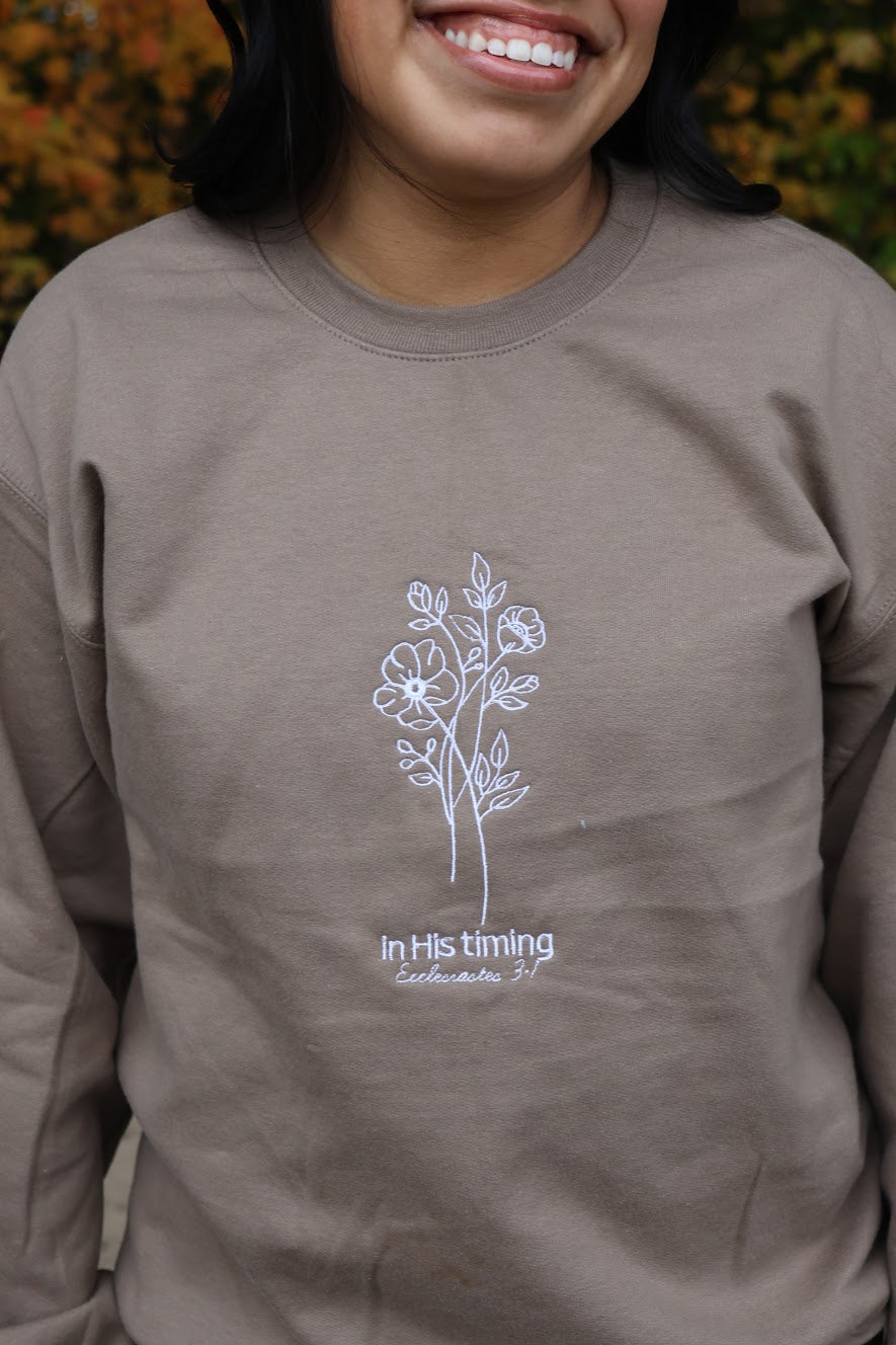 In His Timing Embroidered Crewneck